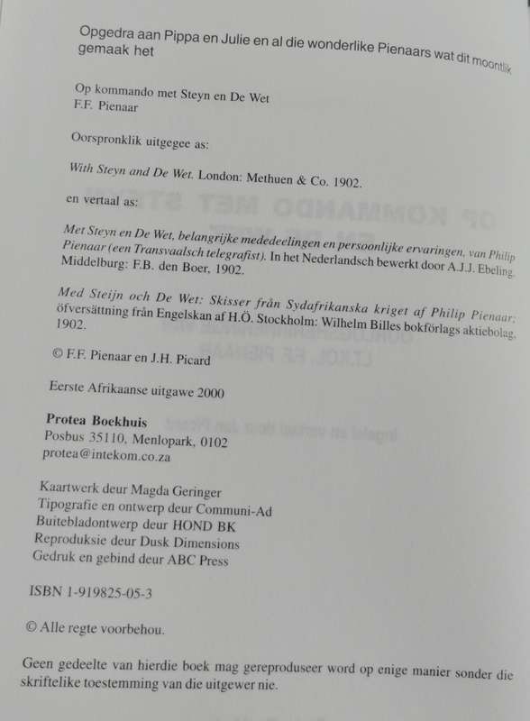 Op commando met Steyn en de Wet - Oorlogsherinneringe van lt.kol. FF Pienaar (2000)