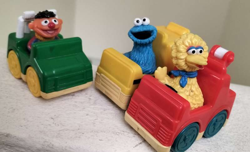 Vintage Sesame Street characters in their vehicles (x 3)