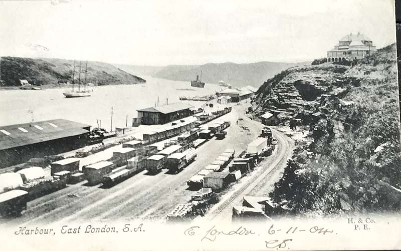 Vintage postcard - East London Harbour showing rail activity(used)