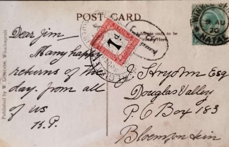 Winkelspruit cancellation plus postage due stamp (1909)