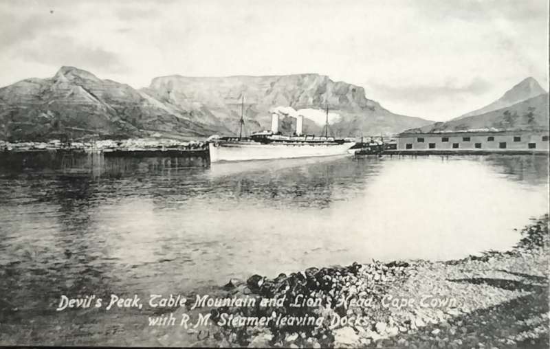 Antique Post card - Cape Town - Devils peak, Table Mountain and Lions head showing steamer leaving