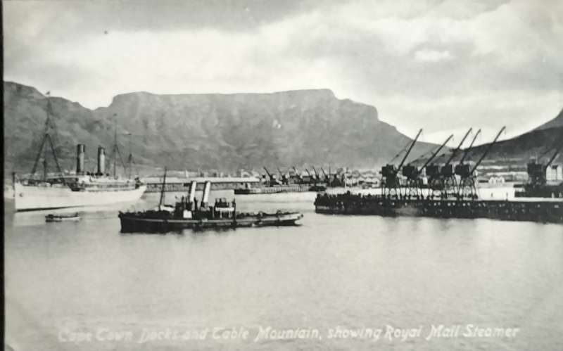 Antique Post card - Cape Town - Docks, Table Mountain, steamer