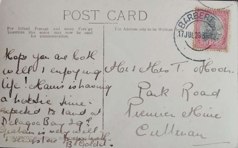 Vintage Post card - South Africa - Barberton