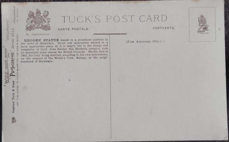 Vintage Post card - Rhodesia - Bulawayo (Rhodes Statue) - Tuck's