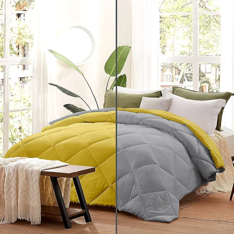 5pc Reversible Comforter Set Queen Yellow /Grey