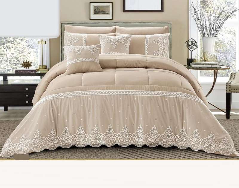 7pcs King Size Lace Print Comforter Set -Beige