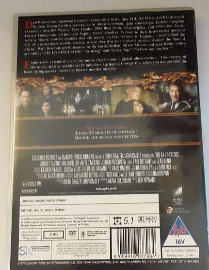 DVD movie  :   The Da Vinci Code , 2 disc extended cut   - good condition