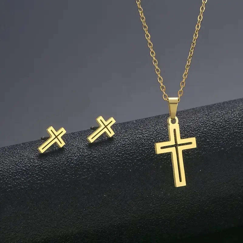 Stainless steel cross necklace- Gold cross pendant- Religious jewellery set- Christian jewellery