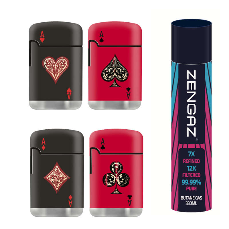 ZL 3 Mega Jet Flame Lighter ACES 4 Pack & Zengaz 330 ML Gas