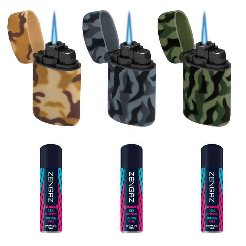 ZL 3 Mega Jet Flame Lighter ARMY & 3 Zengaz Gas 18ml Combo