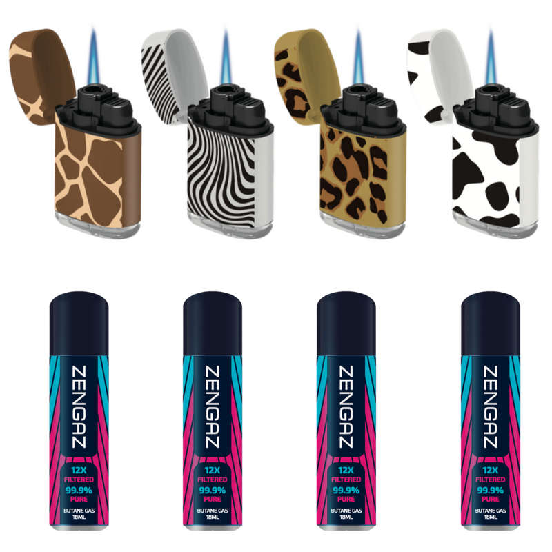 ZL 3 Mega Jet Flame Lighter SKIN 4 Pack & 4 Zengaz Gas 18ml Combo