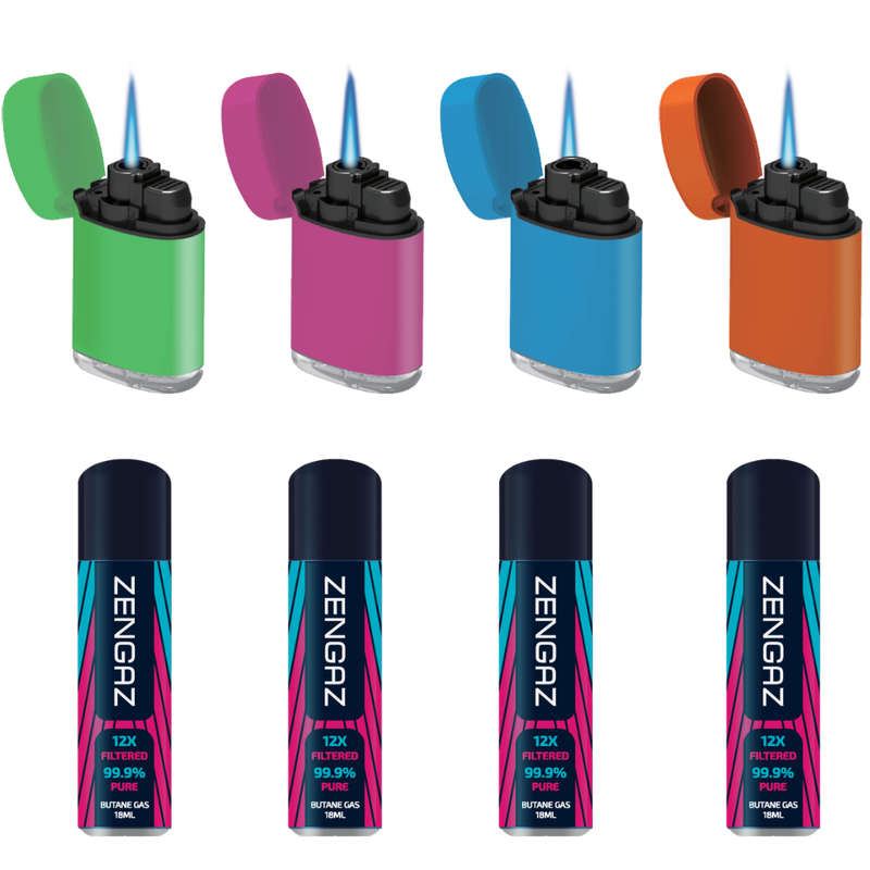 ZL 3 Mega Jet Flame Lighter SWEET 4 Pack & 4 Zengaz Gas 18ml Combo