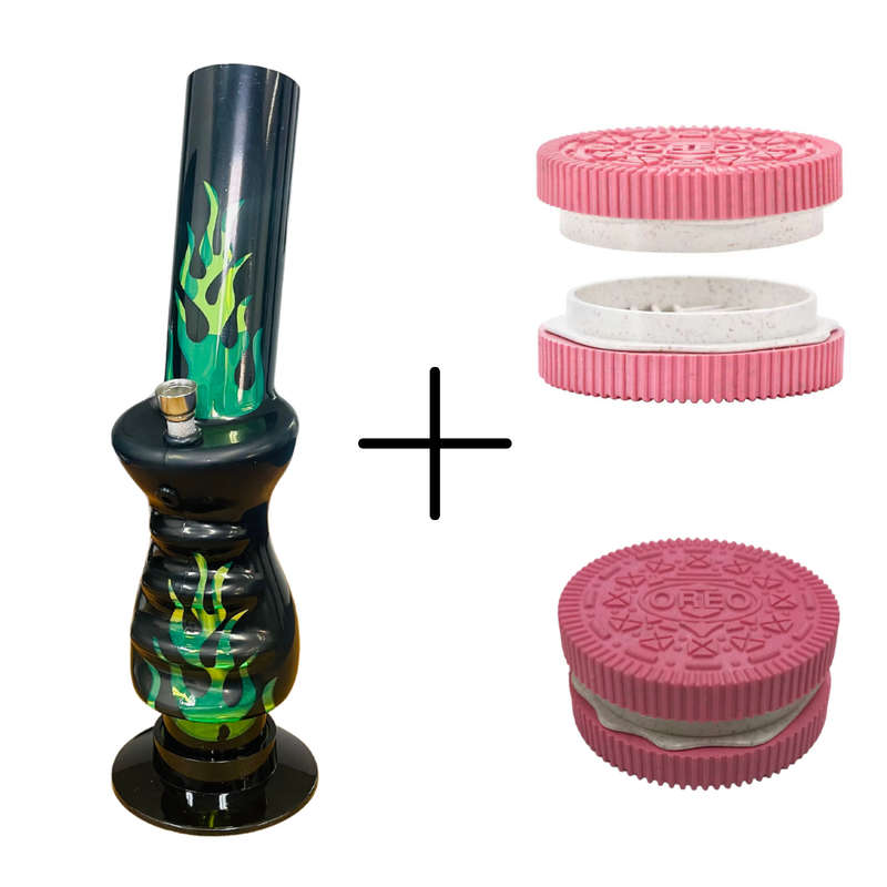 Acrylic Water Bong Flames with Handgrip 32cm + Free Oreo Grinder