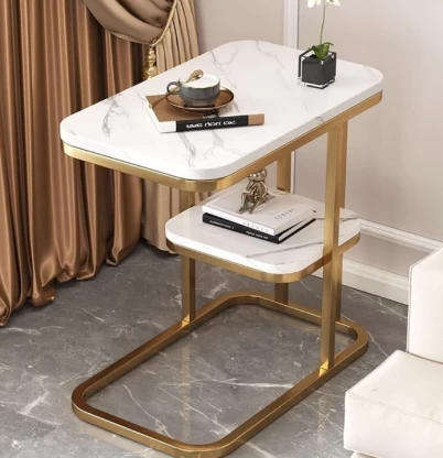 Modern side table double layer meal side table(finish color -white and gold pre assembled