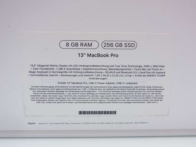 2020 Apple MacBook Pro 13 Retina touch Bar Laptop 8 GB RAM 256 SSD