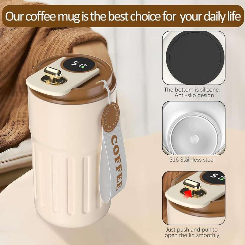 Homealexa Coffee Cup Travel Mugs, Vacuum Insulating Cup 316 Stainless Steel, LED Touch Screen Temper
