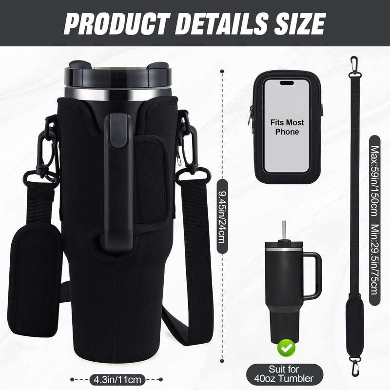40oz Stanley Cup Holder Bag with Strap  Insulated Water Bottle Carrier with Phone Pocket