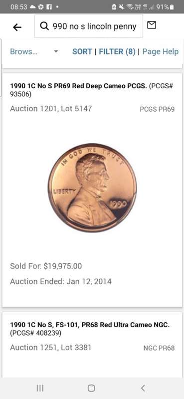 1990 USA NO S LINCOLN PENNY BU