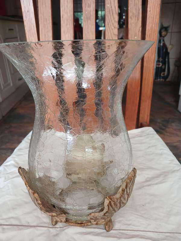 Glass vase cracking style with cast iron stand 17.5Dia x 25cm H two small chips at the rim