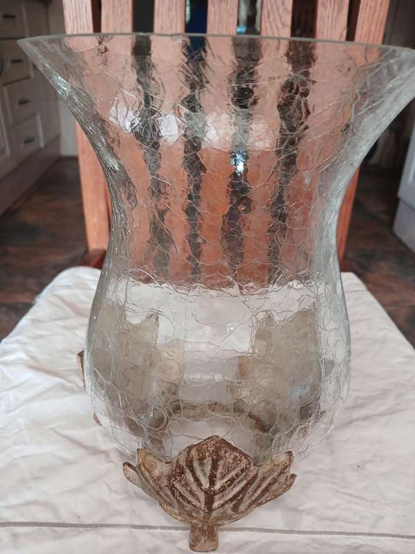 Glass vase cracking style with cast iron stand 17.5Dia x 25cm H two small chips at the rim