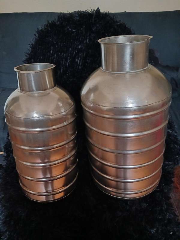 Vase metal Nickel plated set of two 1 x 18w x 40h 1 x 15w x 35cm w