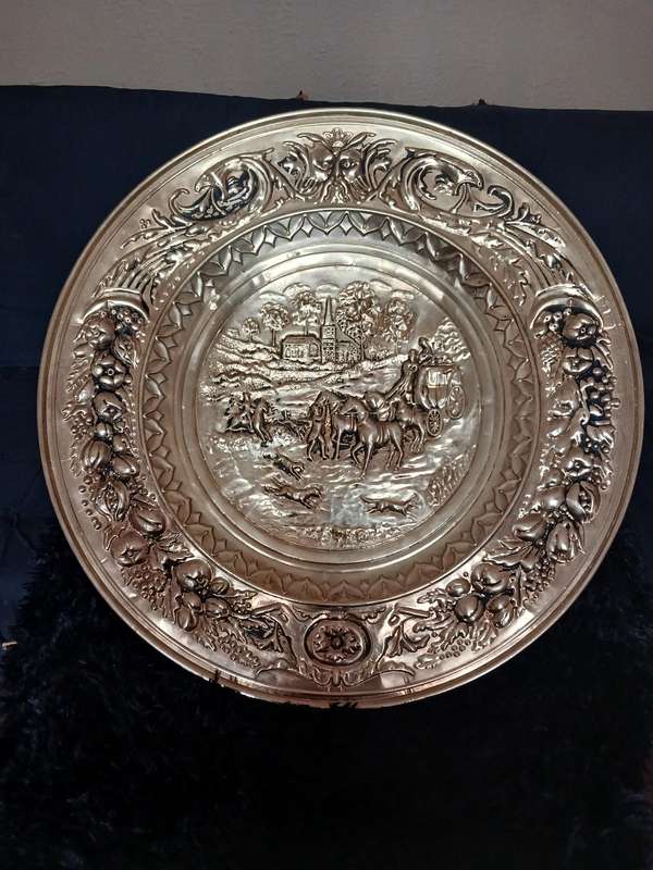 Vintage Brass decorative embossed plates set of four 1 x 57 diameter 2 x 36 diameter and 1 x 30cm d