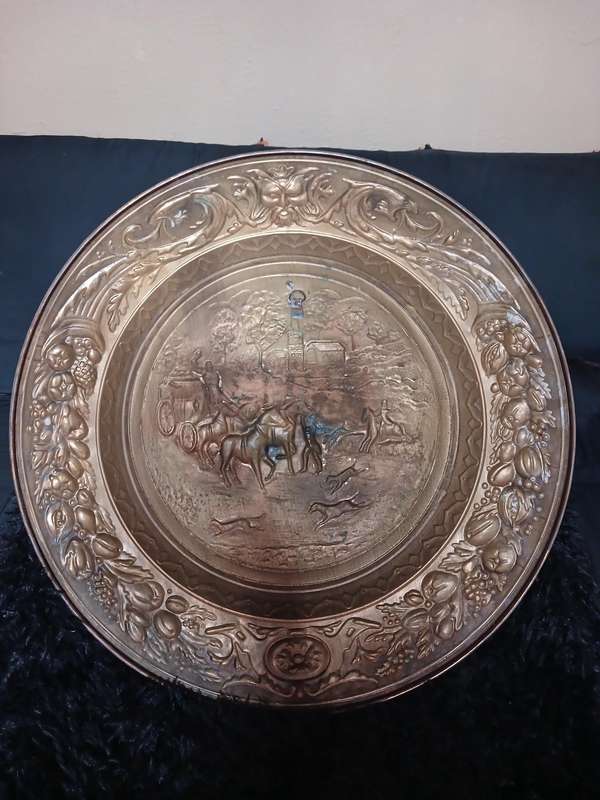 Vintage Brass decorative embossed plates set of four 1 x 57 diameter 2 x 36 diameter and 1 x 30cm d