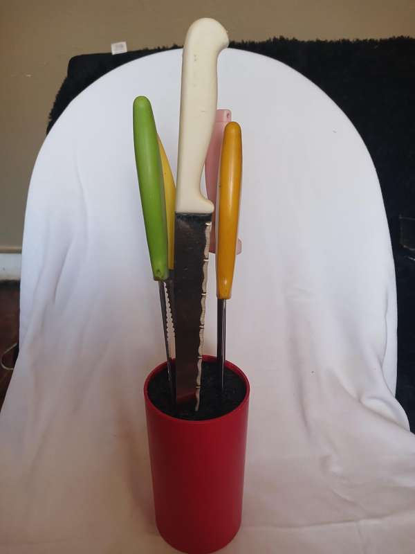 Kitchen knife holder with set of four knives, sharpener and pizza cutter