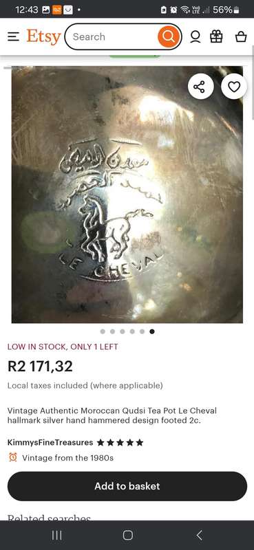 Vintage authentic Moroccan tea pot Le Cheval Hallmark silver hand hammered design