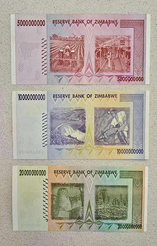 Zimbabwe uncirculated  bank notes.5,10 & 20 Billion Dollars.Bid is for all 3 notes