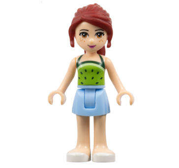 LEGO Minifigure, Friends Mia - Bright Light Blue Skirt, Lime Halter Top with Dark Green Dots