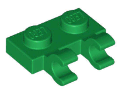 LEGO Parts Plate, Modified 1 x 2 with 2 Open O Clips (Horizontal Grip) ~ {Green}