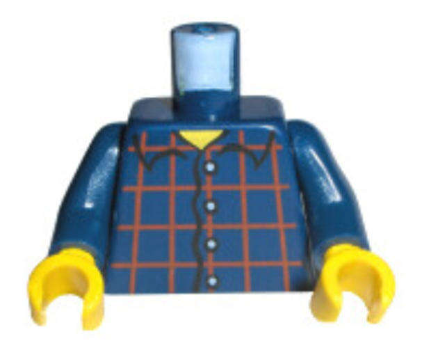 LEGO Torso Shirt Dark Red Plaid, 4 White Buttons, Narrow Yellow Neck Pattern / Dark Blue Arms / Yell