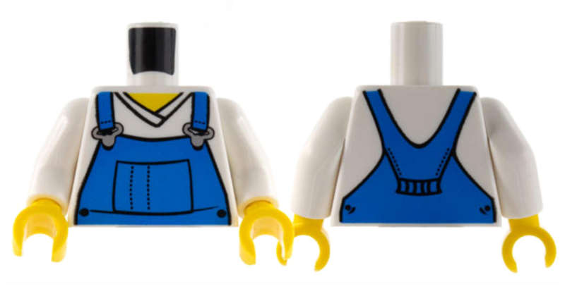 LEGO Torso V-Neck Shirt with Blue Overalls - Printed Back Pattern / White Arms / Yellow ~ {White}