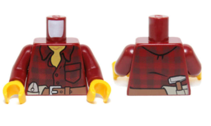 LEGO Minifigure Torso Flannel Shirt with Pocket and Belt with Pliers and Hammer Pattern ~ {Dark Red}