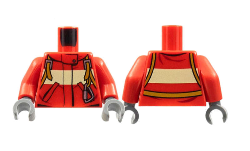 LEGO Minifigure Torso Fire Suit with Stripe and Harness with Carabiner Pattern / Red Arms  ~ {Red}