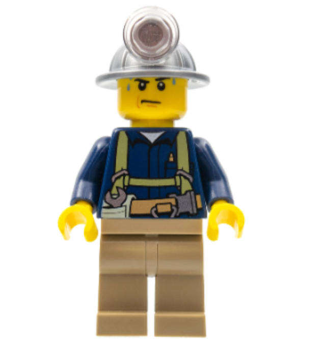 LEGO Minifigure Miner - Shirt with Harness and Wrench, Dark Tan Legs, Mining Helmet, Sweat Drops