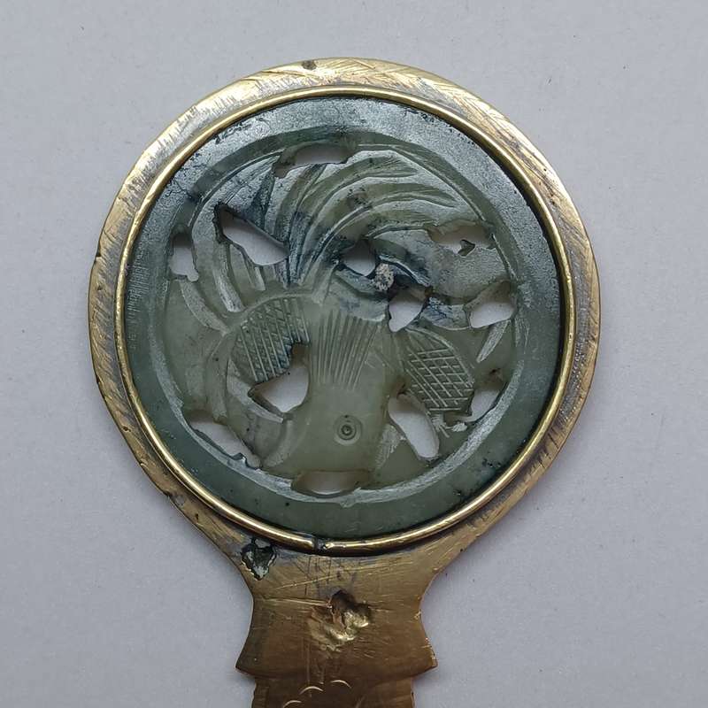 Antique Chinese Letter Opener, Etched Brass carved Jade Openwork Medallion(8.7cm)
