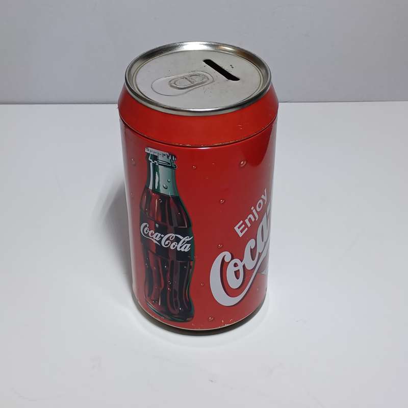 Vintage Coca cola Tin Coin Piggy Bank Round Coke Can Shape (20cm x 9.5cm)  Removable Lid