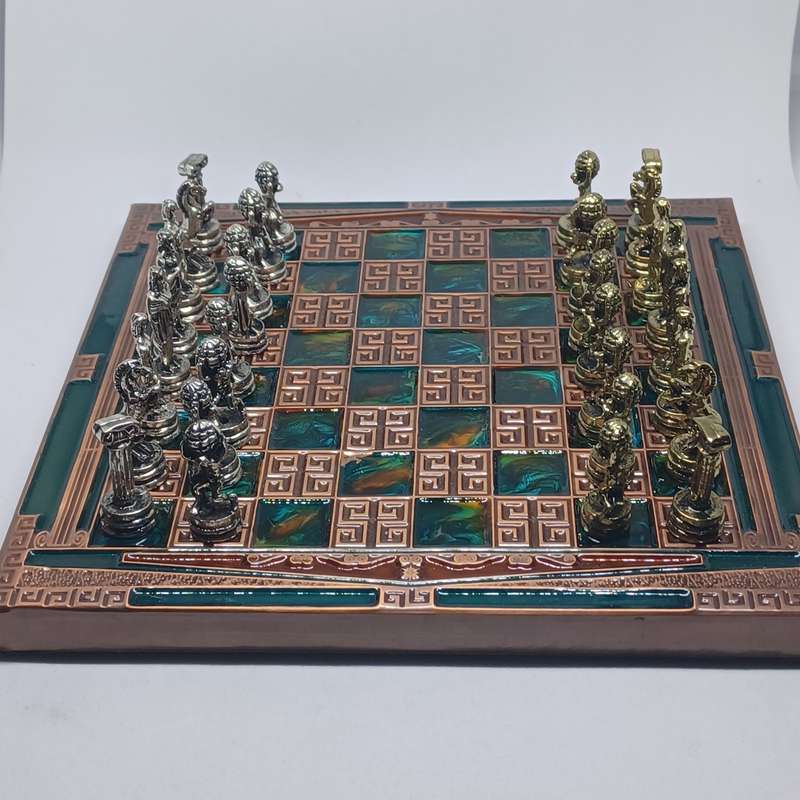MARINAKIS Greece miniature chess set gold and silver colour  vintage complete ( board size - 15x15cm