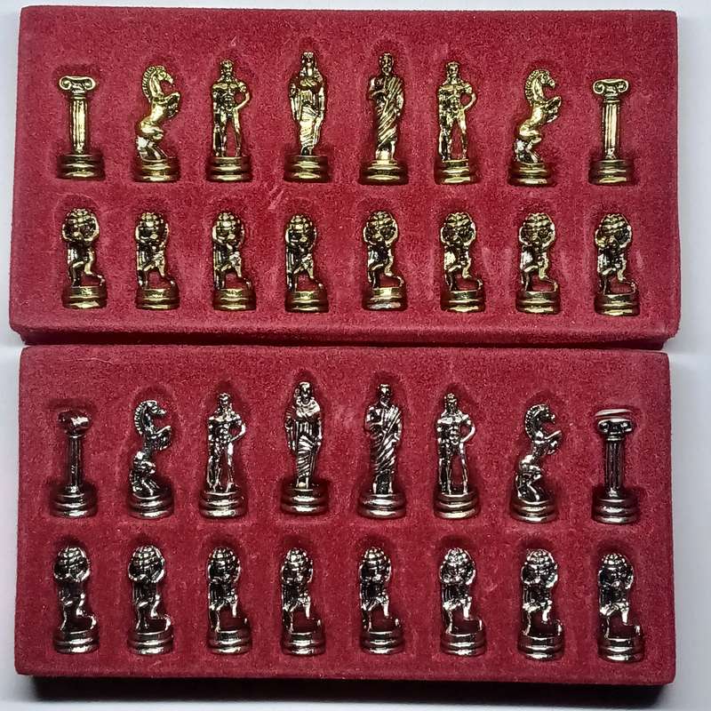 MARINAKIS Greece miniature chess set gold and silver colour  vintage complete ( board size - 15x15cm