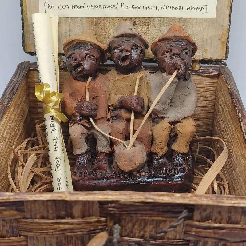 BEER DRINKERS IN A BOX! - Handmade Clay sculpture in  Banana Fibre Box - BY KENYAN ARTIST KIARIE