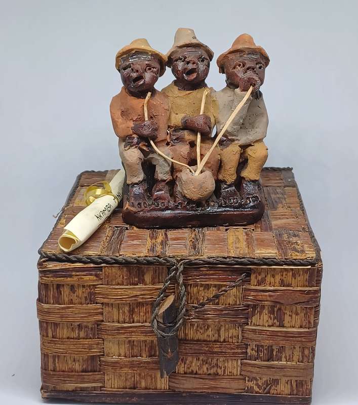 BEER DRINKERS IN A BOX! - Handmade Clay sculpture in  Banana Fibre Box - BY KENYAN ARTIST KIARIE