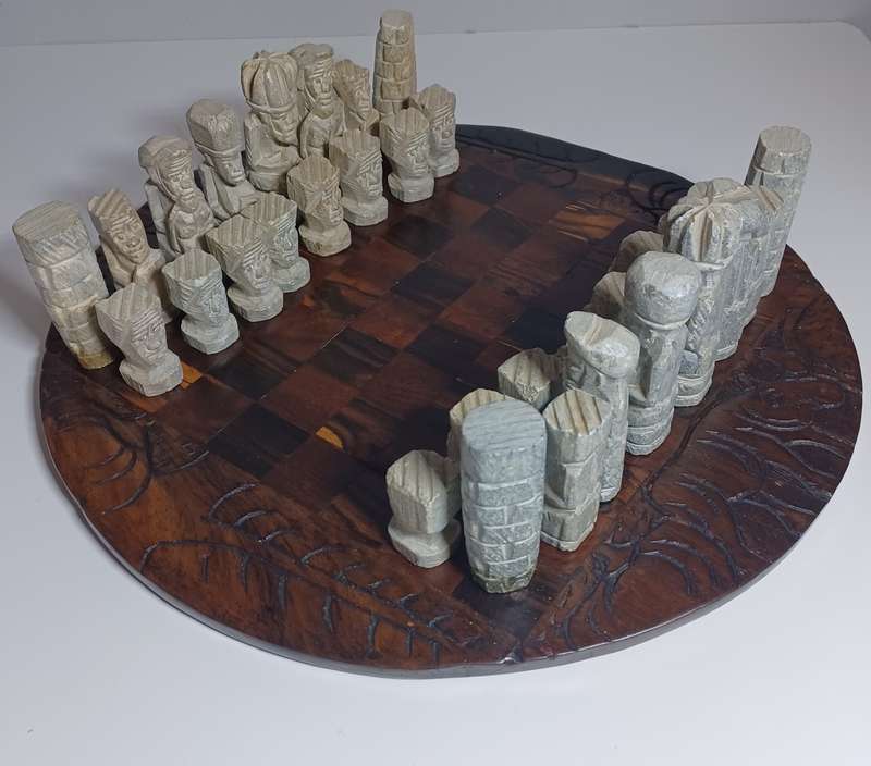 Vintage African Tribes Soapstone Carved Chess Set with Antique c~1900 Wooden Chess Board