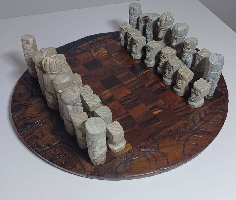 Vintage African Tribes Soapstone Carved Chess Set with Antique c~1900 Wooden Chess Board