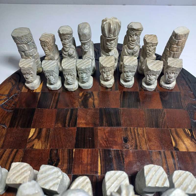 Vintage African Tribes Soapstone Carved Chess Set with Antique c~1900 Wooden Chess Board