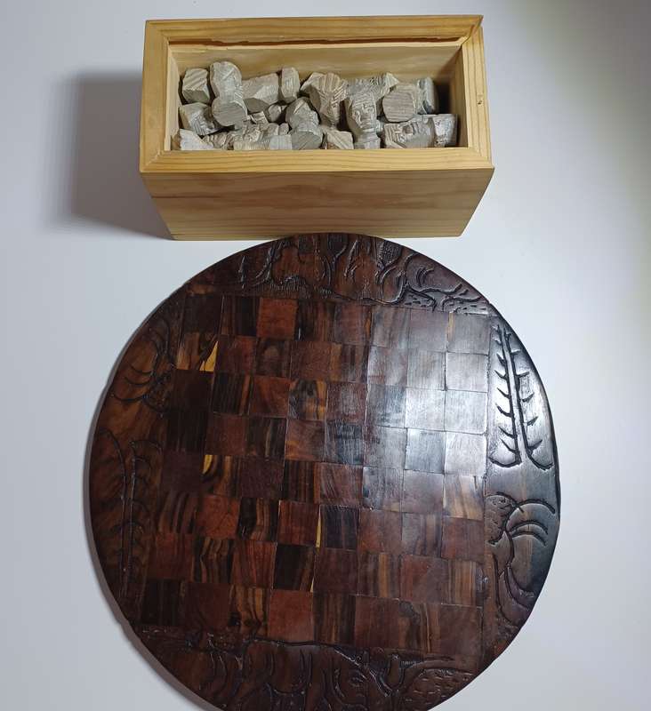 Vintage African Tribes Soapstone Carved Chess Set with Antique c~1900 Wooden Chess Board