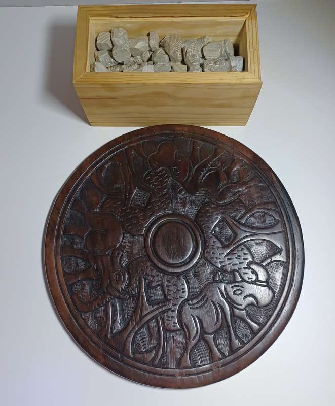 Vintage African Tribes Soapstone Carved Chess Set with Antique c~1900 Wooden Chess Board