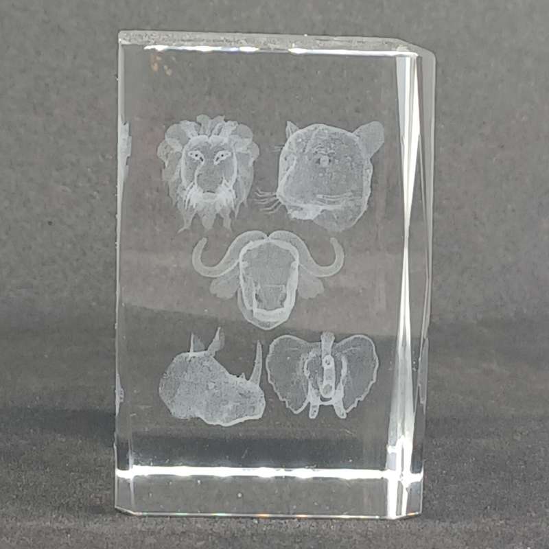 African Big 5 Laser Etched Clear Glass Paperweight (6cm x 3.7cm x 3.7cm)