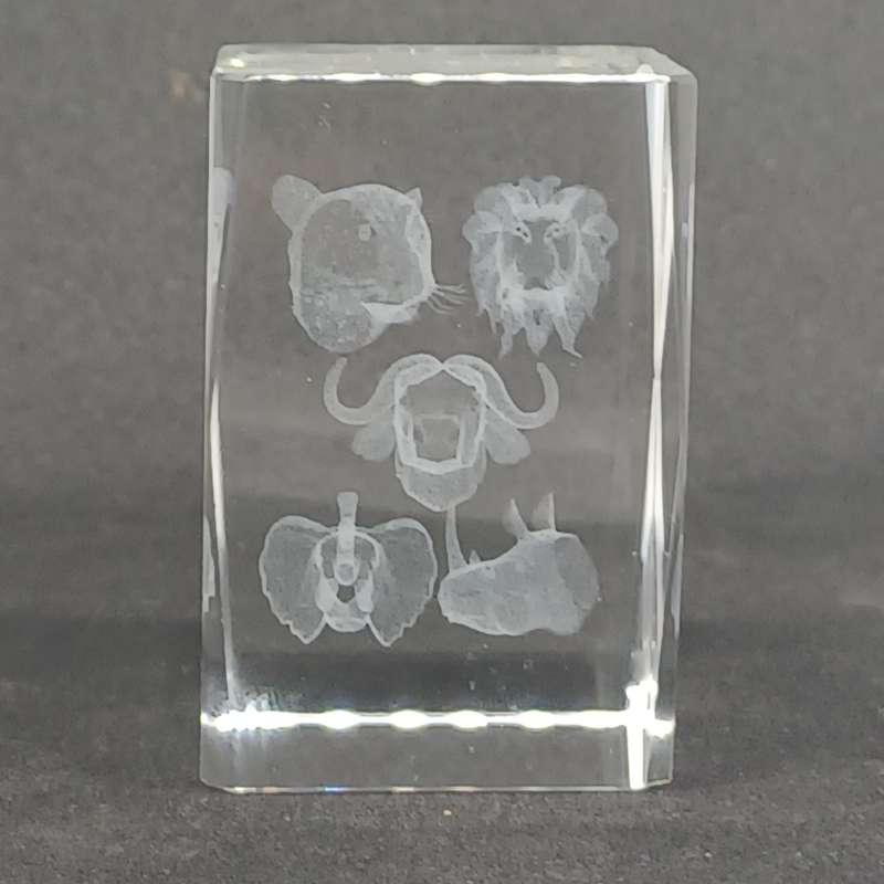 African Big 5 Laser Etched Clear Glass Paperweight (6cm x 3.7cm x 3.7cm)